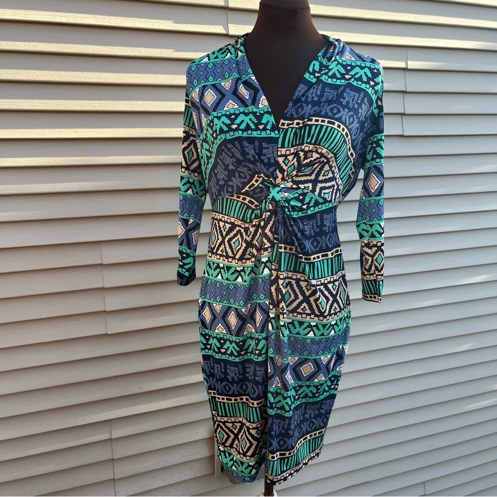 Tori Richard Honolulu patterned V-neck three-quarter sleeve blue dress
